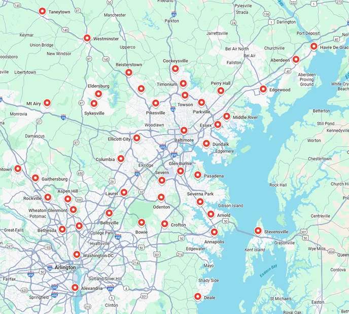 Map of the Tario HVAC service region across Maryland, Washington DC, and Northern Virginia