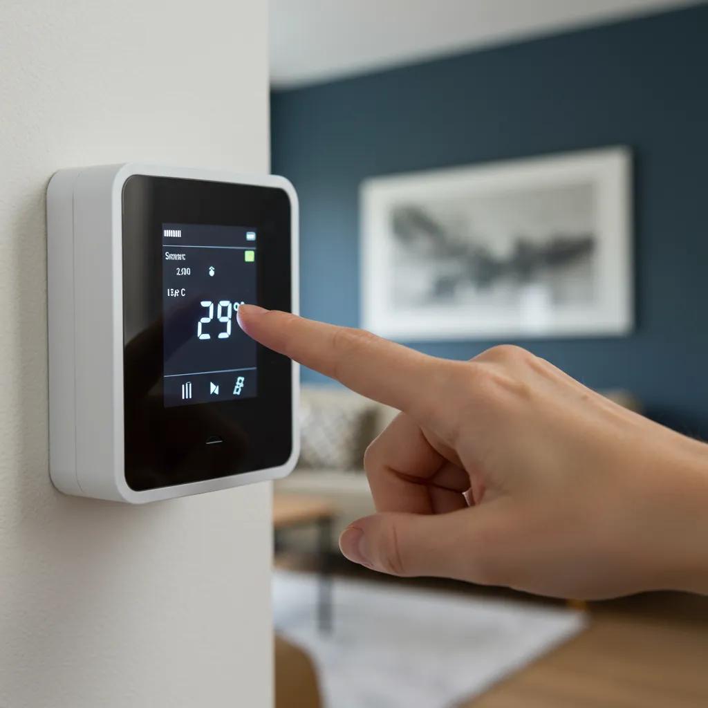 Save Money: Easy Ways to Reduce Your Energy Bills Today 3 Close-up of a modern smart thermostat being adjusted in a stylish living room