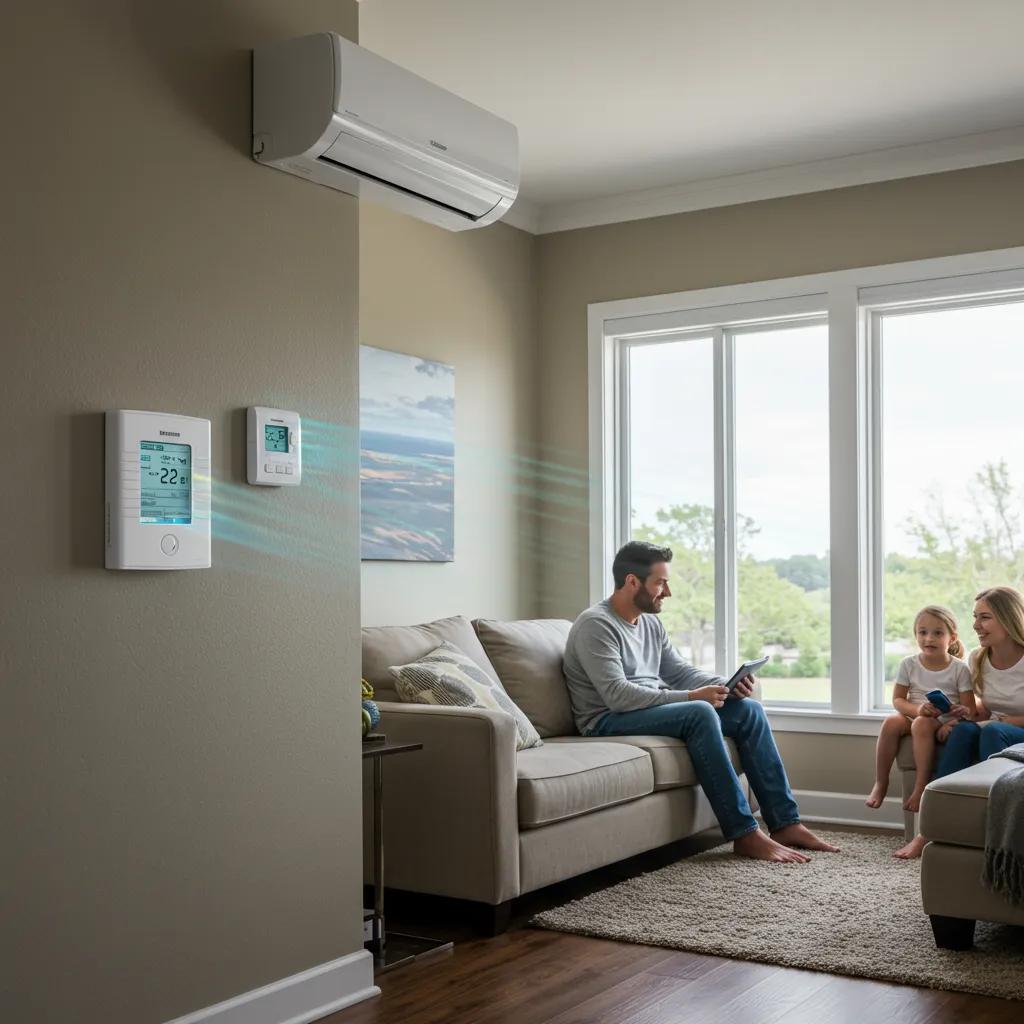 Cozy home interior with energy-efficient HVAC system and family enjoying comfort