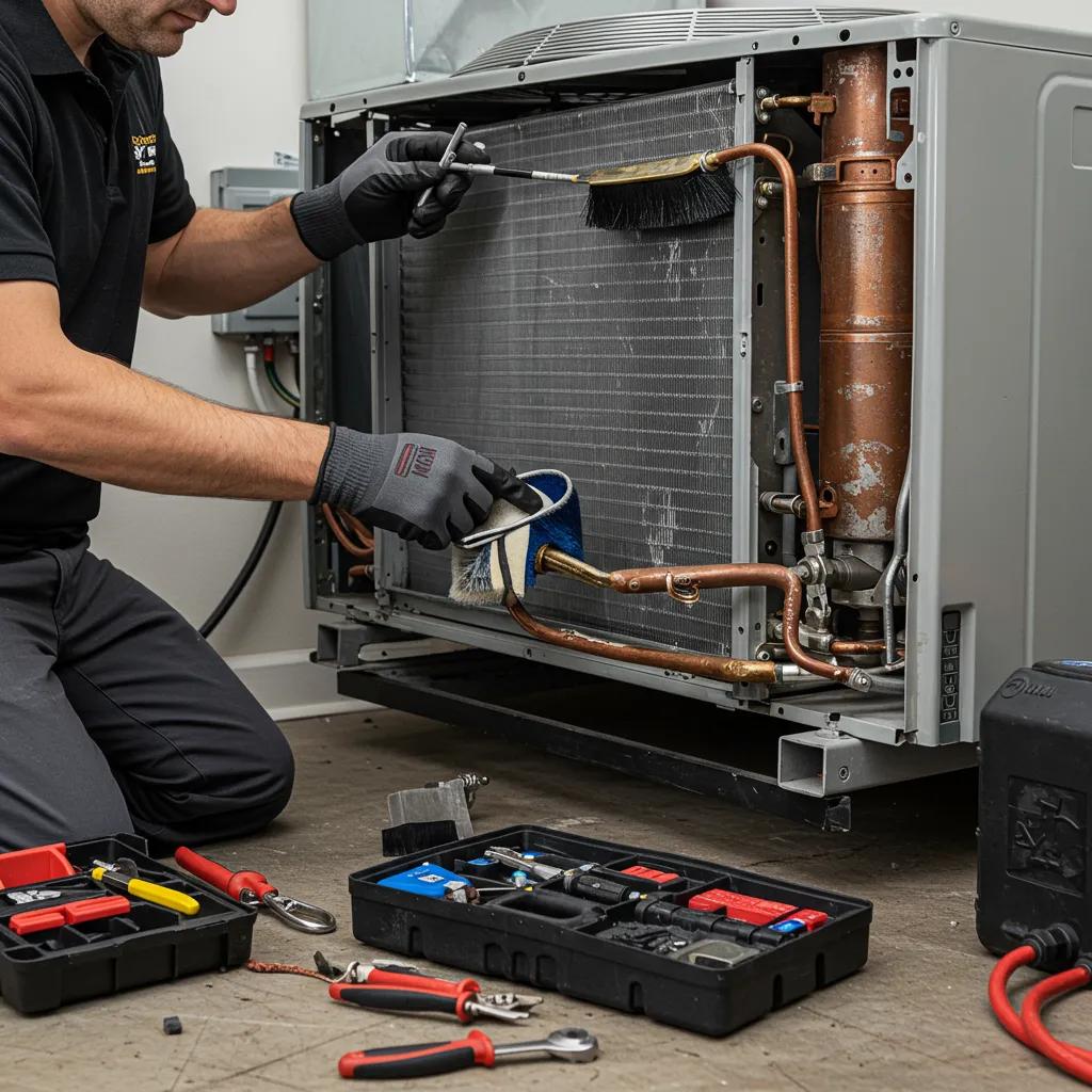 Save Money: Easy Ways to Reduce Your Energy Bills Today 2 HVAC technician servicing an air conditioning unit to improve energy efficiency