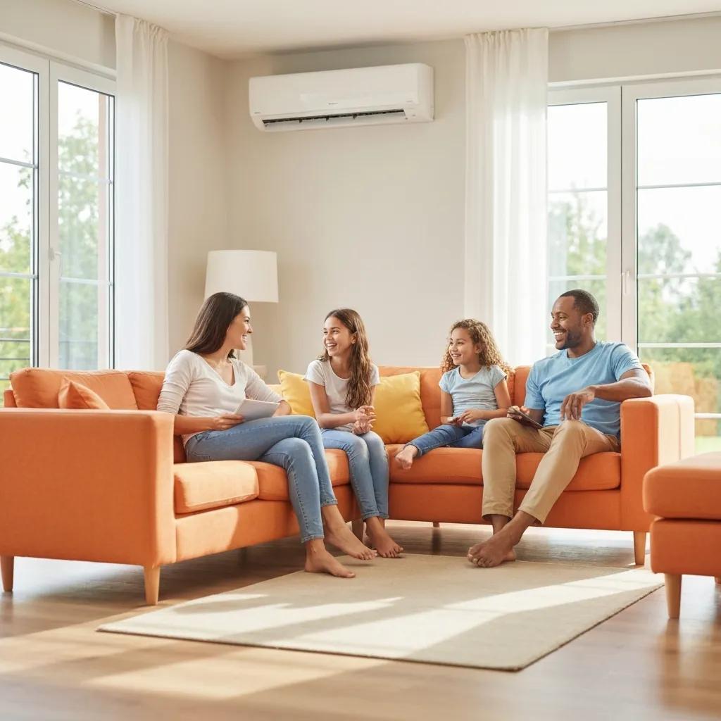 Family relaxing in a cool living room thanks to regular AC maintenance